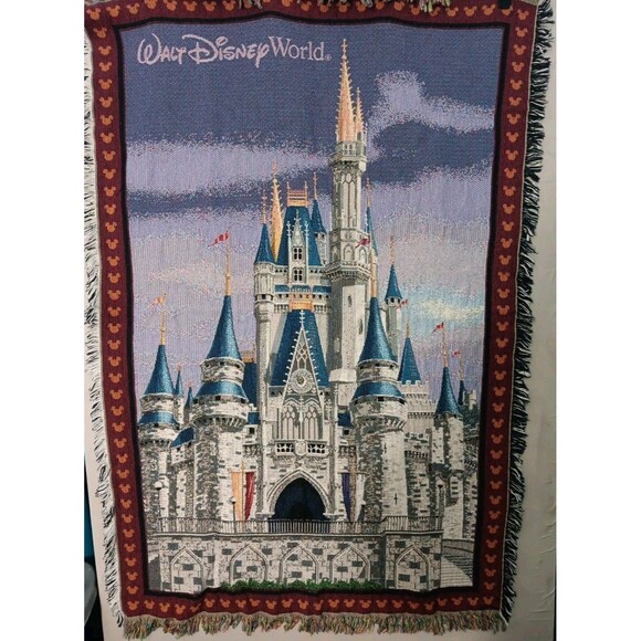 VTG Walt Disney World Cinderella Castle Tapestry Throw Blanket 100% Cotton USA - Picture 1 of 3